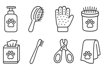 Pet Hygiene Icons. Line style icons of pet hygiene: pet shampoo, brush, grooming gloves, paw cleaner. ear wipes, pet toothbrush,