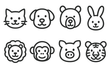 Animal Faces Icons. Line style icons of animal faces: cat face, dog face, bear face, rabbit face. lion face, monkey face, pig face