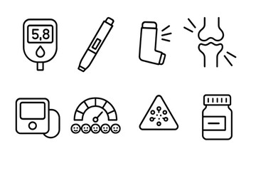 Chronic Disease Icons. Line style icons of chronic disease care: glucose meter, insulin pen, asthma inhaler, joint pain icon.