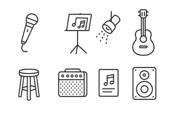 Obraz premium Solo Performance Icons. Line style icons of solo performance: microphone, music stand, spotlight, acoustic guitar. stool, amp,