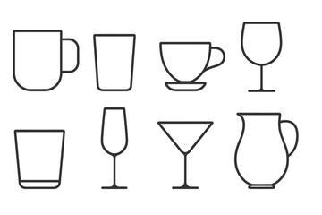 Drinkware Line Icons. Line style icons of drinkware: mug, glass, teacup, wine glass. tumbler, champagne flute, cocktail glass,