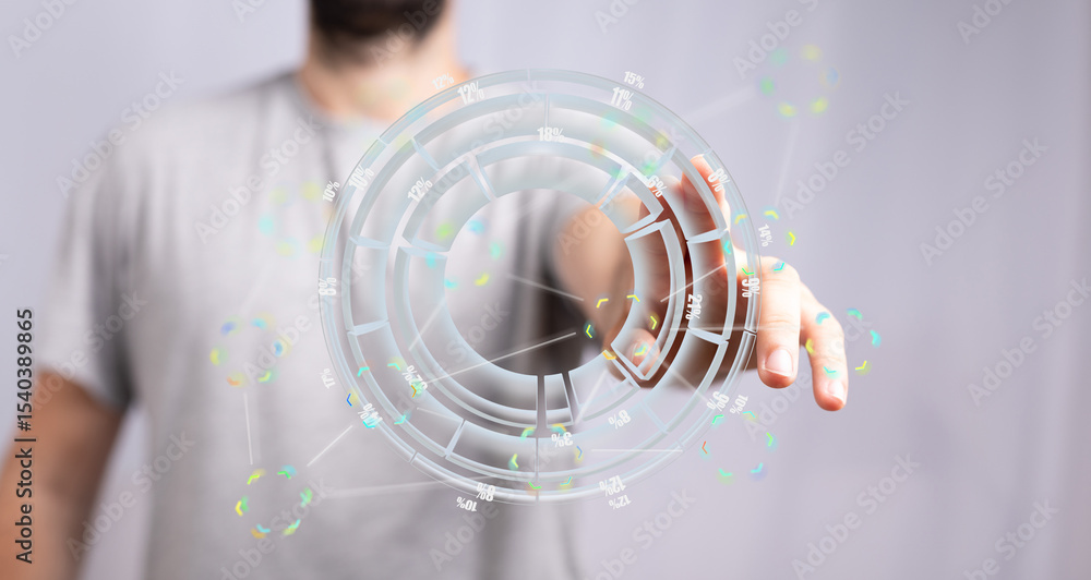 Poster A man interacts with a futuristic holographic chart displaying data percentages.