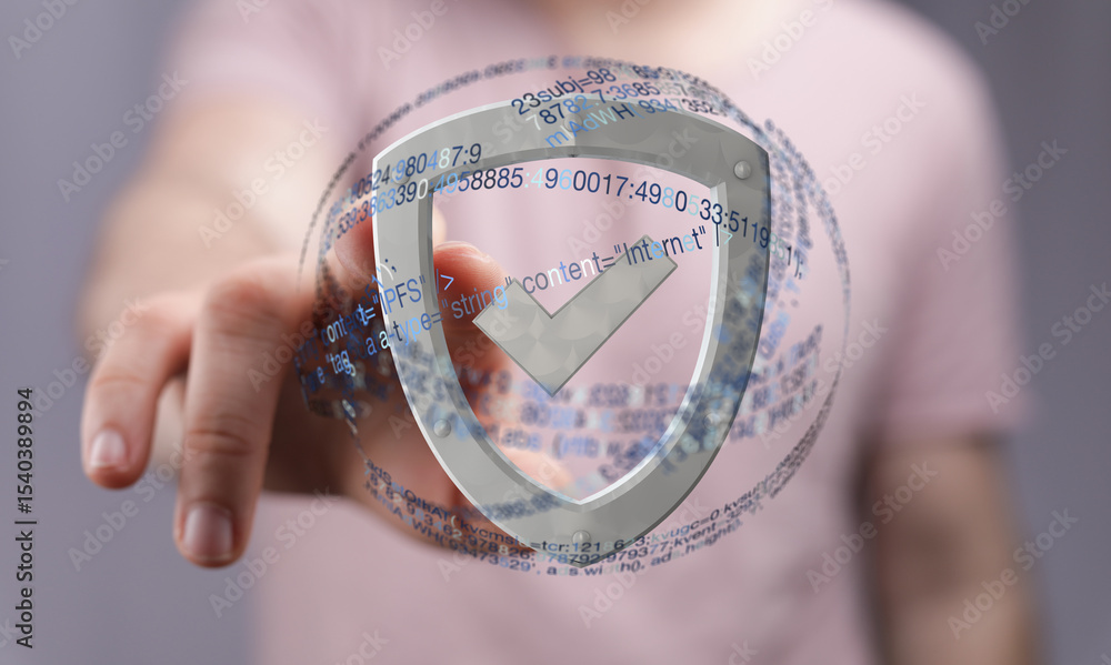 Poster hand holding a digital shield, representing data security and online protection.