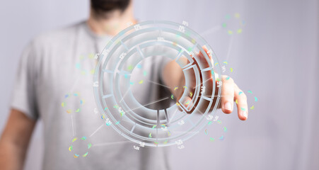 A man interacts with a futuristic holographic chart displaying data percentages.