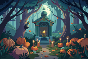 Spooky Halloween night with pumpkins, a twisted tree silhouette, and bats under an orange moon, perfect for a festive autumn celebration design
