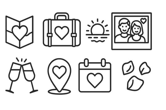 Romantic Getaway Icons. Line style icons of romantic getaway: heart map, suitcase for two, beach sunset, couple photo. champagne