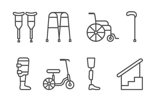 Mobility Aid Icons. Line style icons of mobility aids: crutches, walker, wheelchair, walking cane. leg brace, knee scooter,