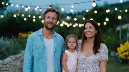 Family enjoys a joyful evening under string lights in a beautiful garden setting