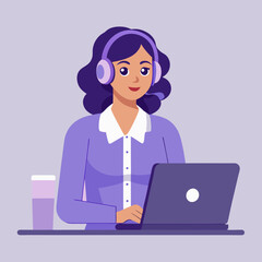 A professional female customer service agent using a laptop and headset providing support