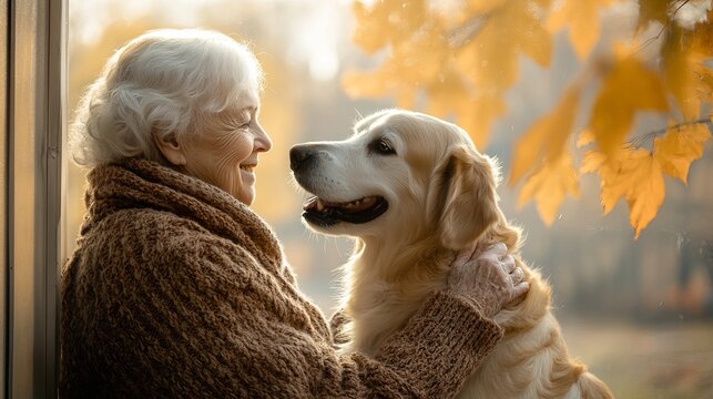 Smiling elderly woman embraces her golden retriever dog while standing indoors near a window with autumn leaves visible.