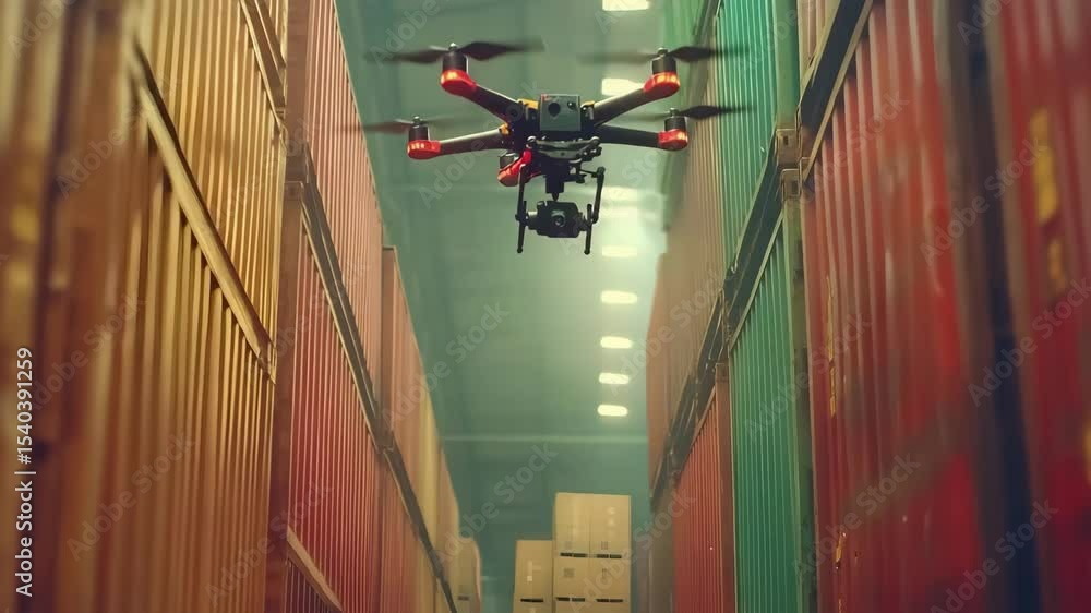 Poster drone flying aerial in warehouse aisle between stacked shipping container with boxes capturing foota