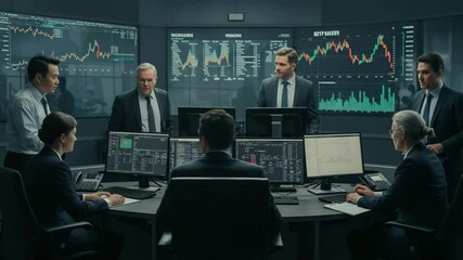 Business professionals analyze market trends during a critical finance meeting in an advanced trading room
