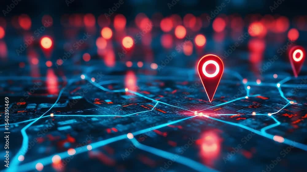 Poster digital map glowing location markers with neon blue network routes illustrating city navigation and 