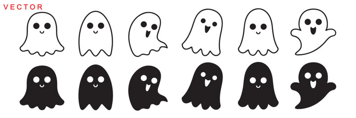 Set of Halloween Ghost silhouette vector, Ghost logo, icon, Ghost vector line art outline on a white background
