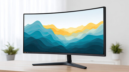 Fototapeta premium Curved widescreen monitor on desk with colorful mountain wallpaper