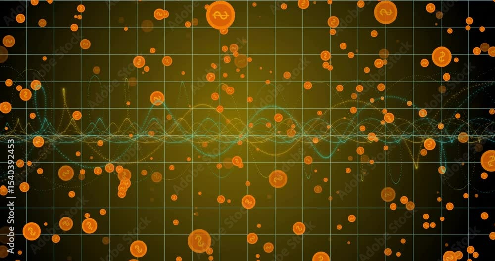 Poster Green grid starting orange disks drifting clustering fragmenting pulsing waveform for data insight