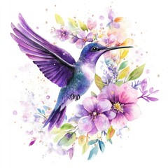 Obraz premium Watercolor hummingbird surrounded by flowers