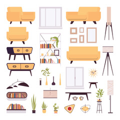 Living room furniture objects pack design for homes, offices, hotels, cafes, hospitals and educational space to arrange, modern visual environment, accent lighting decorative set. Vector illustration