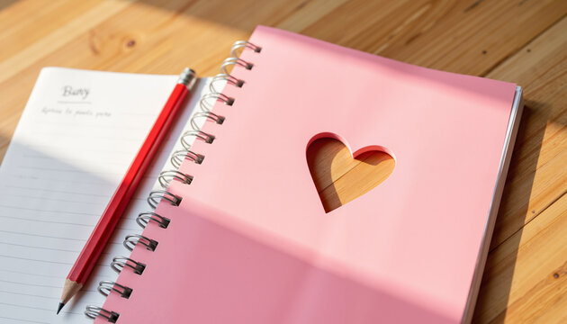 Pink notebook with heart cutout and red pencil on wooden desk  