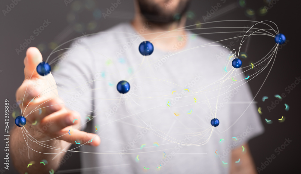 Poster man interacting with a digital network. technology, connection, global, communication.