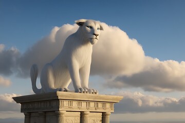 Albino lion statue above the clouds