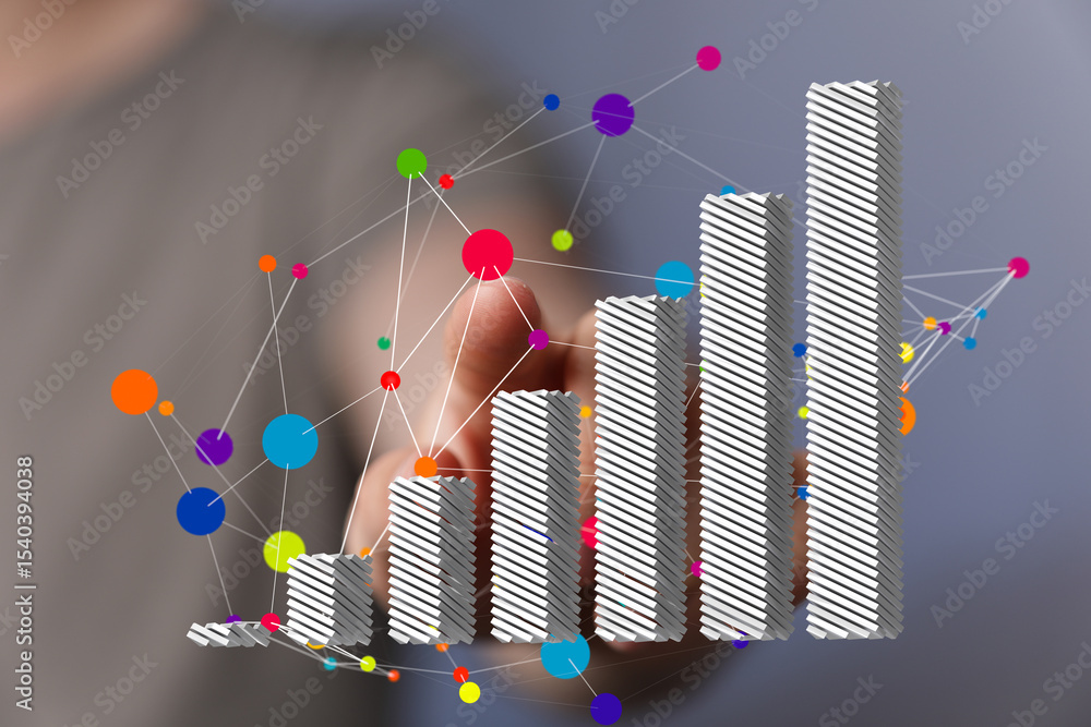 Poster hand interacting with a 3d bar graph showing upward trend and data connections.