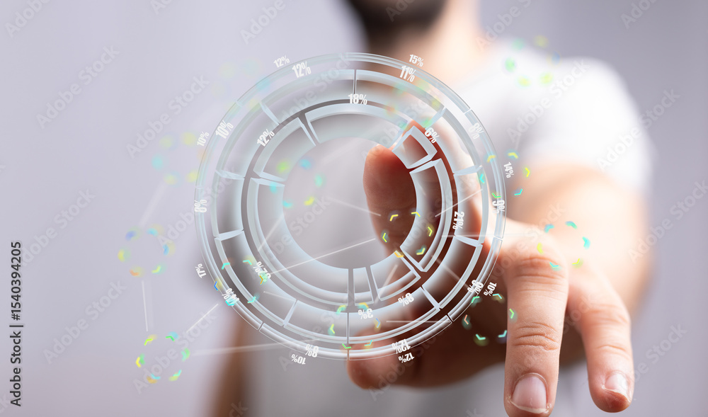 Poster a hand interacts with a holographic data interface showcasing percentage-based insights.