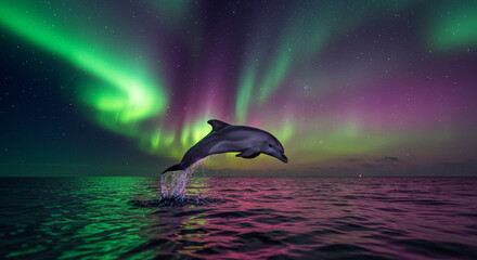 Dolphin Leaping with Aurora Borealis Background: Stunning Photo