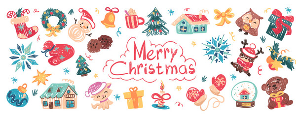 Cute Christmas set in crayon kids style. Hand-drawn festive elements: gifts, animals, houses, trees, snowflakes. Childish doodles for stickers, prints, greeting cards. Vector childlike drawings