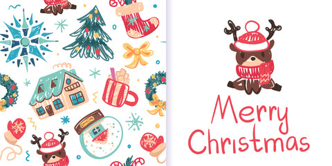 Seamless Christmas pattern in childlike crayon style. Print for cloth design, textile, fabric, wallpaper, wrapping paper. Chalk Hand drawn vector kids sketches: houses, trees, animals, gifts, snow