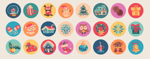 Round Christmas stickers in crayon kids style. Merry Christmas and Happy New Year. Vector illustration, childlike labels with cute characters and elements