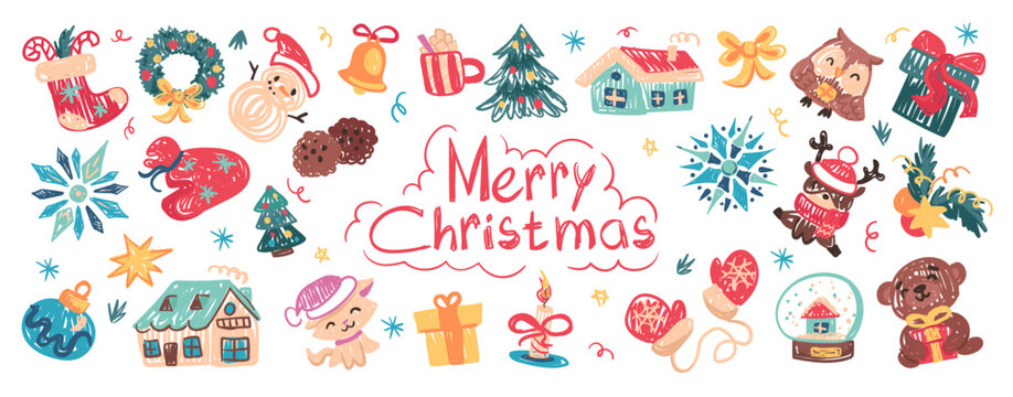 Cute Christmas set in crayon kids style. Hand-drawn festive elements: gifts, animals, houses, trees, snowflakes. Childish doodles for stickers, prints, greeting cards. Vector childlike drawings