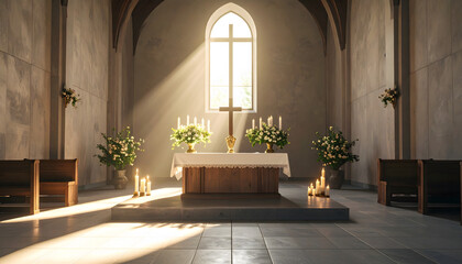 Serene Church Interior with Sunlight Through Window, Warm Wooden Pews and Altar