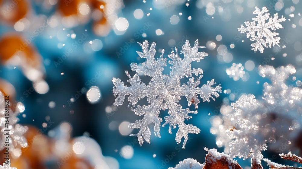 Poster snowflakes are displayed with frozen details against a blue background with bokeh lights and orange 