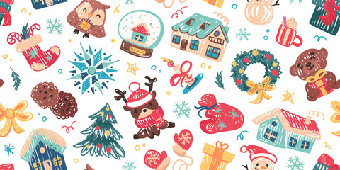 Seamless Christmas pattern in childlike crayon style. Print for cloth design, textile, fabric, wallpaper, wrapping paper. Chalk Hand drawn vector kids sketches: houses, trees, animals, gifts, snow