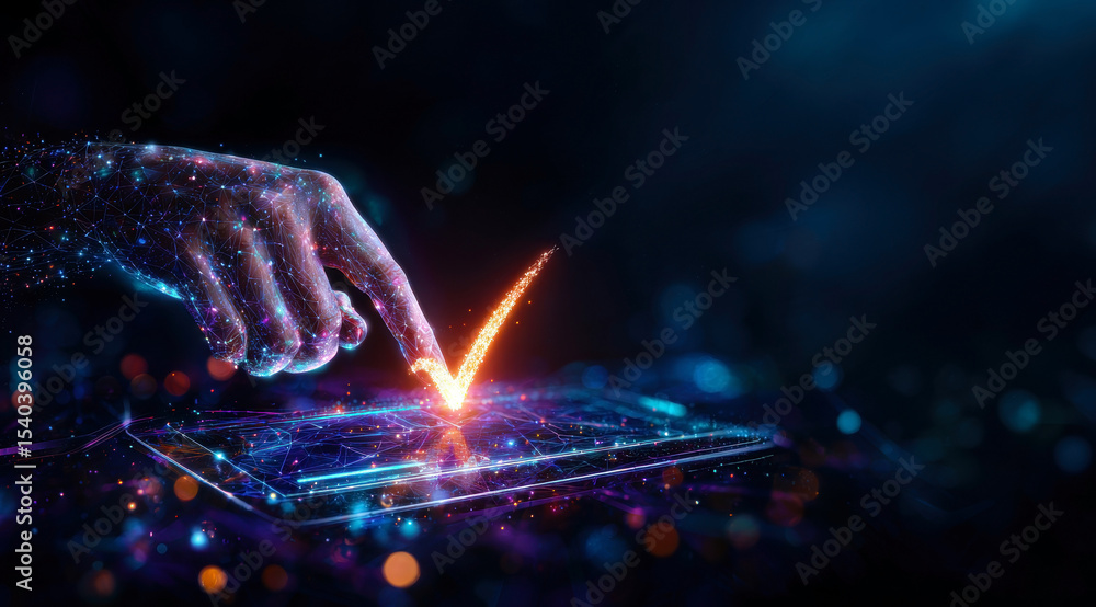 Poster a glowing hand interacts with a luminous digital interface, signifying validation and confirmation i