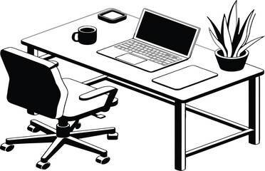 AdobSilhouette vector of an isometric home workspace showing a desk with laptop, coffee mug, office chair, and indoor plant, black outlines on white backgrounde Illustrator Artwork