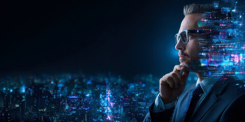 Fototapeta premium A contemplative businessman envisions the future, surrounded by a vibrant, digital landscape.