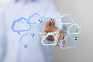 High-quality image depicting cloud computing, network, data storage, and sharing. Ideal for tech...