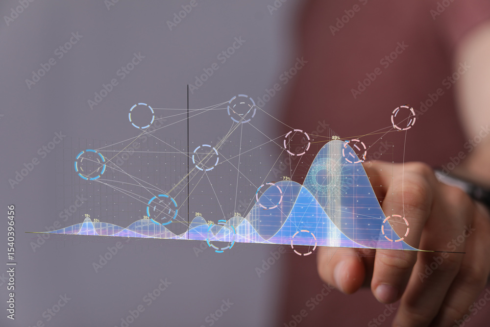 Poster stock photo of a hand interacting with a holographic graph, showing business analytics and data visu