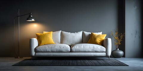 Modern white sofa with yellow accent pillows centered in a minimalist living room. Sleek lamps provide warm light against a dark neutral wall.