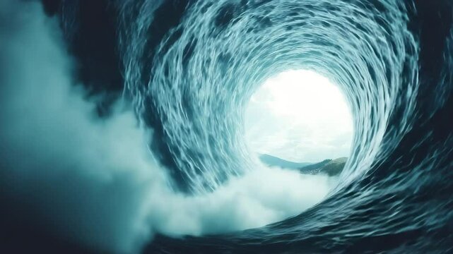 Tsunami wave seen from above, curling high over a forested bay motion with buildings in the distance, tsunami waves motion