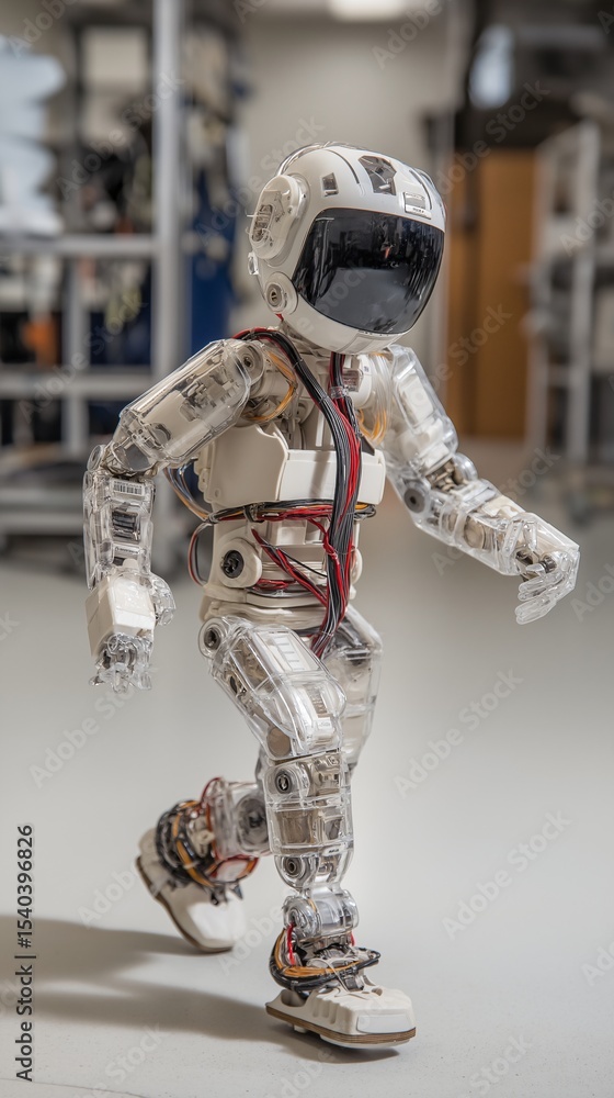 Poster an astronaut robot walking in a laboratory. a close-up shot, the robot is made with transparent glas