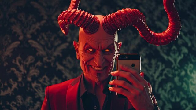 Red devil with horns smiling while taking a selfie with a smartphone, dressed in an elegant red suit, positioned in a vintage room adorned with intricate wallpaper