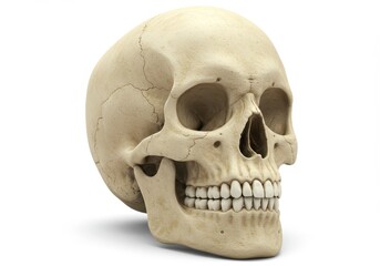 Anatomical model of a human skull showing teeth and bone structure on white