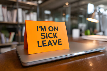 Orange sick leave sign resting on laptop in office setting