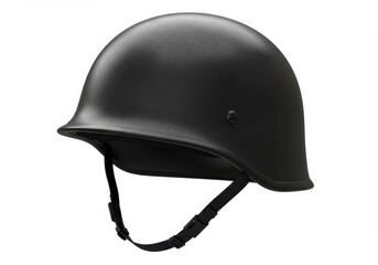 Naklejka premium Black military helmet with chinstrap on a white background, providing head protection