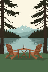 Vector illustration of a serene lake scene with pine trees, green grass, mountain peaks and wine between two chairs