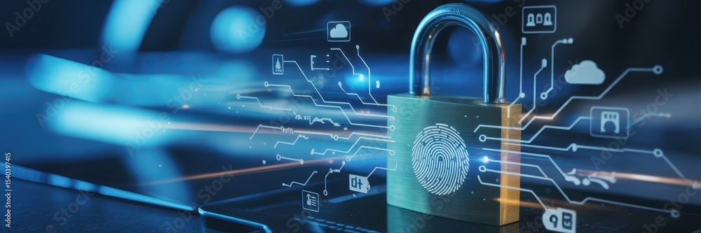 Poster digital security padlock with fingerprint scan.