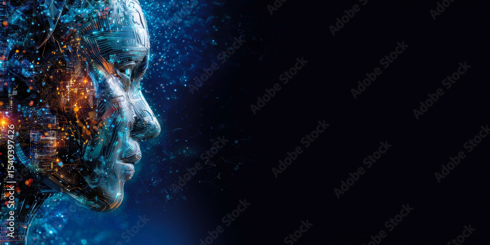 Poster a stunning visual representation of artificial intelligence, merging a human face with digital eleme